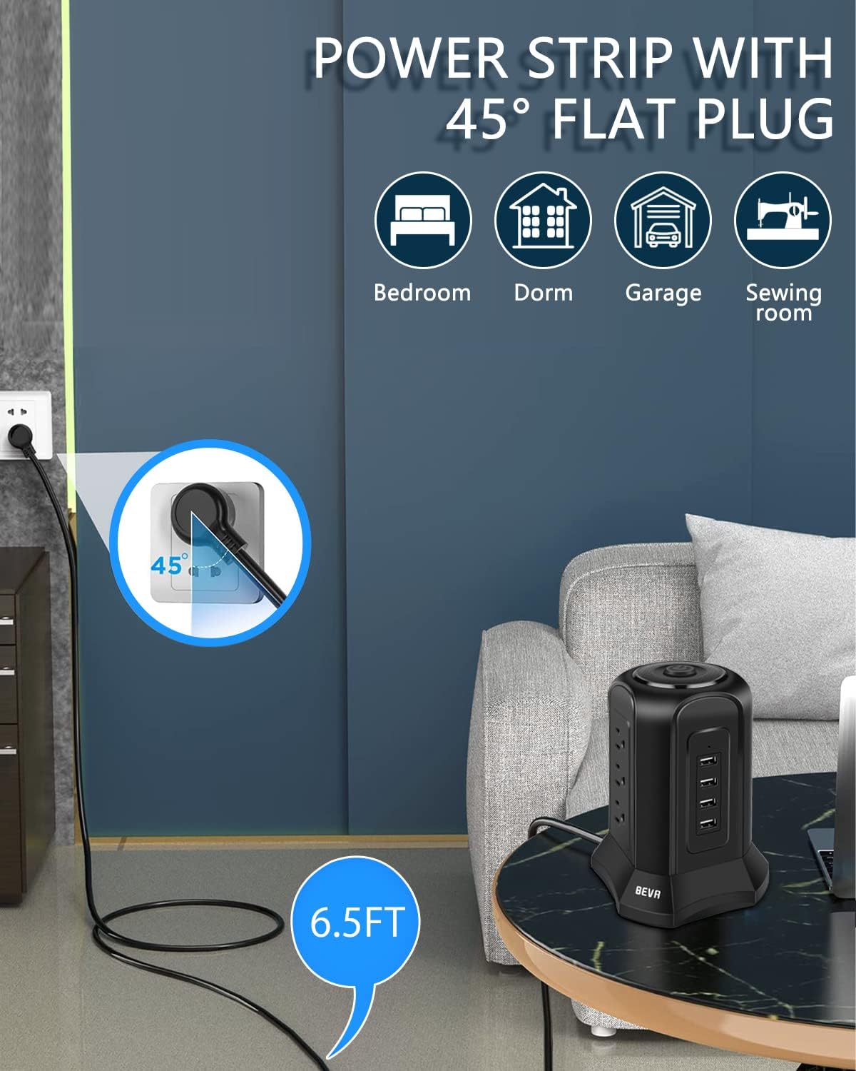 Power Strip Tower Surge Protector BEVA 10ft Flat Plug Desktop Charging Station 9 AC Outlets 4 USB Ports, 900 Joules, Long Extension Cord for Home Office Appliances Smartphones Computer Tablets(Black) - Image 6